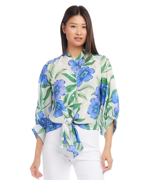 Karen Kane Palm Floral Print Linen Tie Front Blouse