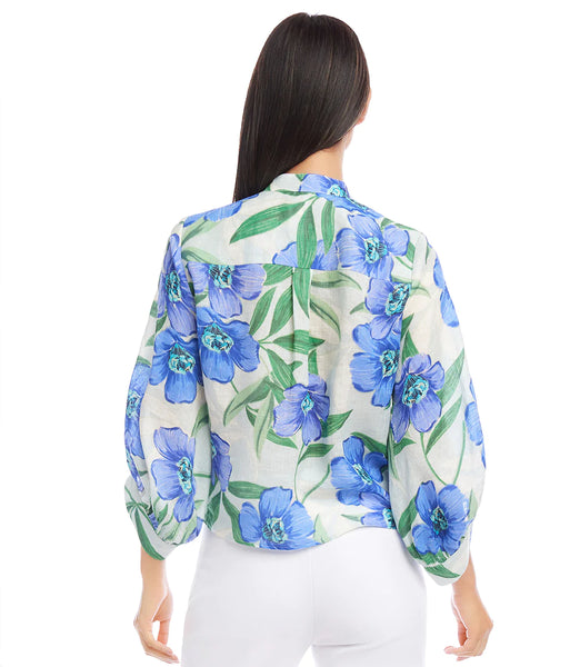 Karen Kane Palm Floral Print Linen Tie Front Blouse