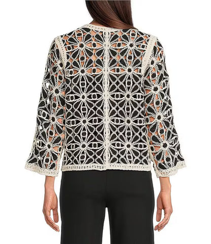 c2981 Charlie B Black Cream Croche Cardigan - 606River