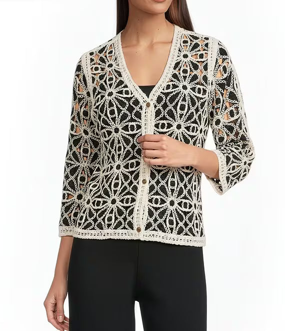c2981 Charlie B Black Cream Croche Cardigan - 606River
