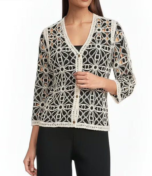 c2981 Charlie B Black Cream Croche Cardigan - 606River