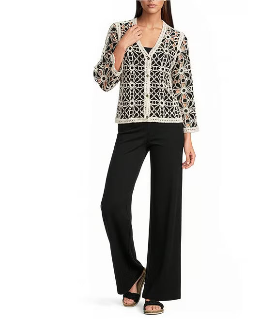 c2981 Charlie B Black Cream Croche Cardigan - 606River