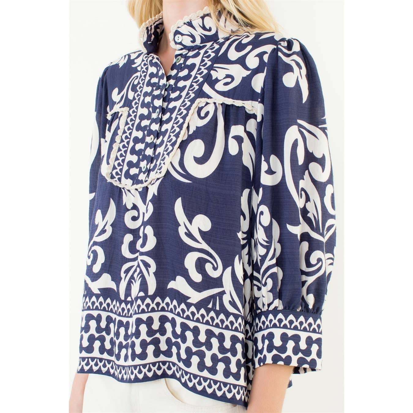 Long Sleeve Lace Trim Print Top - 606River