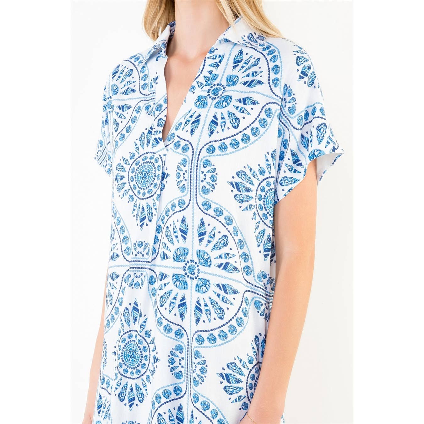 Short Sleeve Pattern Detail V-Neck Dress - 606River