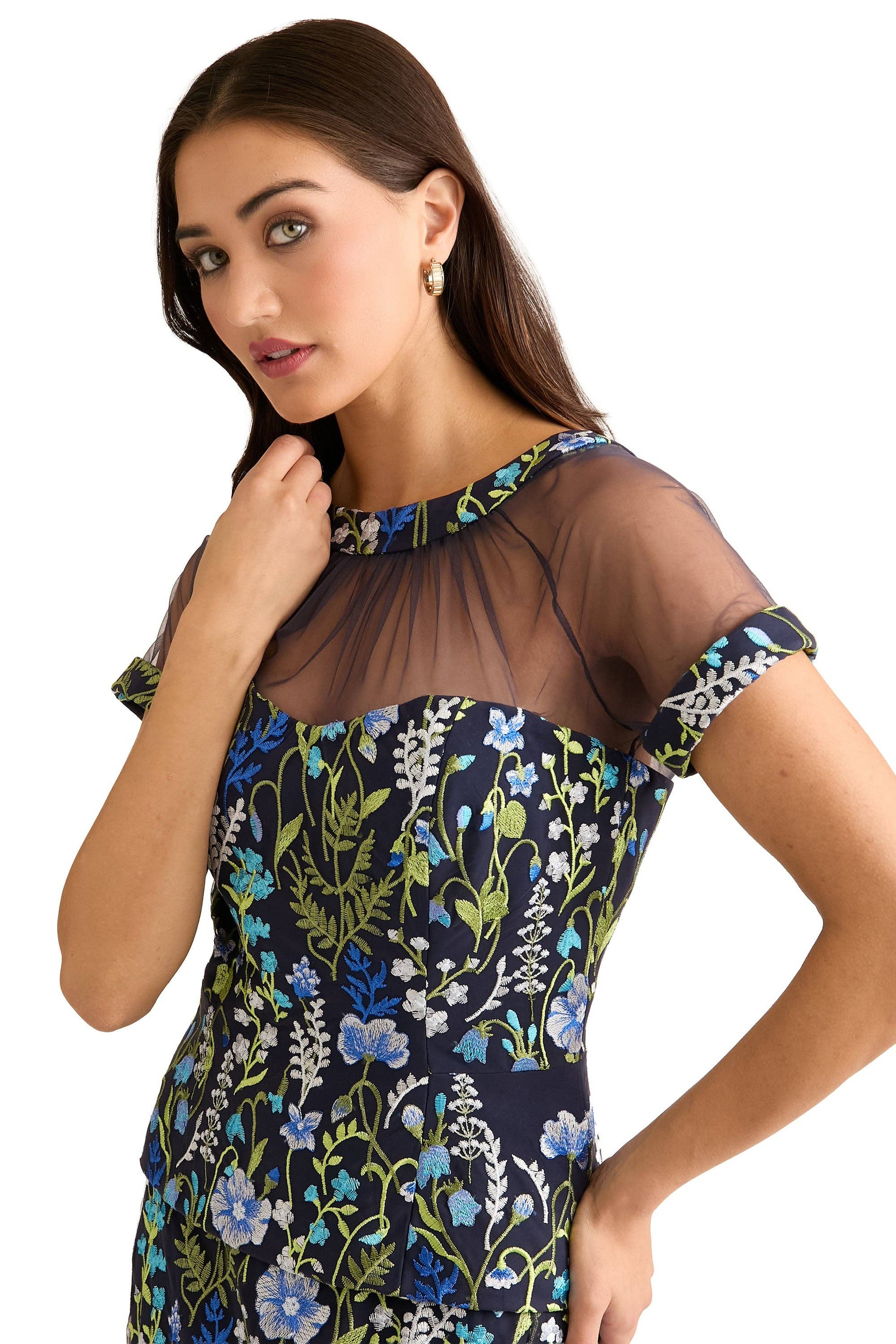 EMBROIDERED TOP WITH MESH YOKE & CAP SLEEVE - 606River