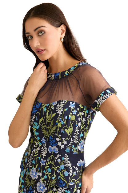EMBROIDERED TOP WITH MESH YOKE & CAP SLEEVE - 606River
