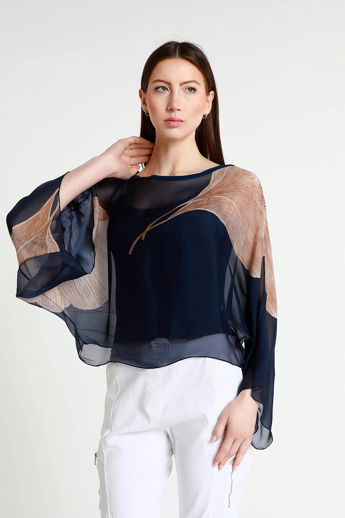 Sofita Leaf 3/4 Sleeve Cropped Silk Kaftan (BQ200E) - 606River