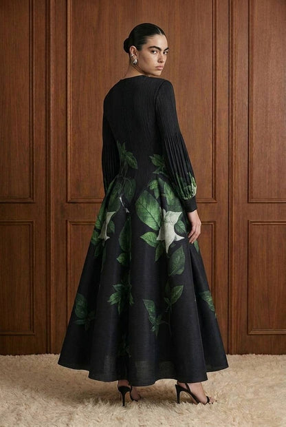 Black Green Print Botanical Dress
