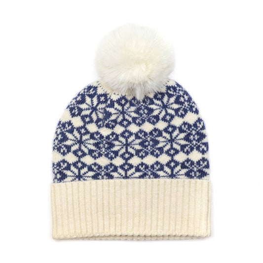 Woman's Blue and Cream Mix Starflower Knit Bobble Hat