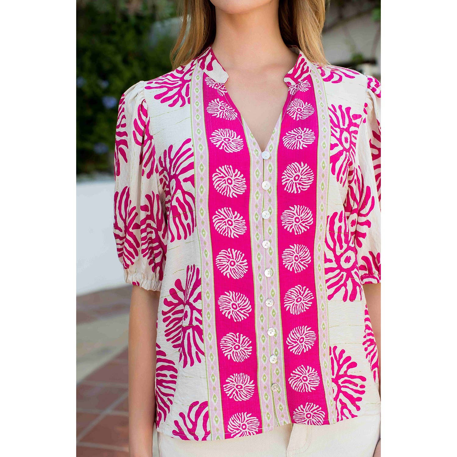 Puff Sleeve Button Front Abstract Print Top - 606River