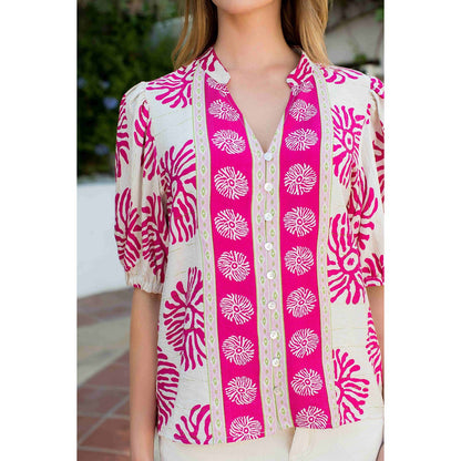 Puff Sleeve Button Front Abstract Print Top - 606River