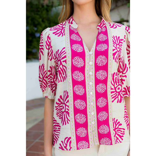 Puff Sleeve Button Front Abstract Print Top - 606River