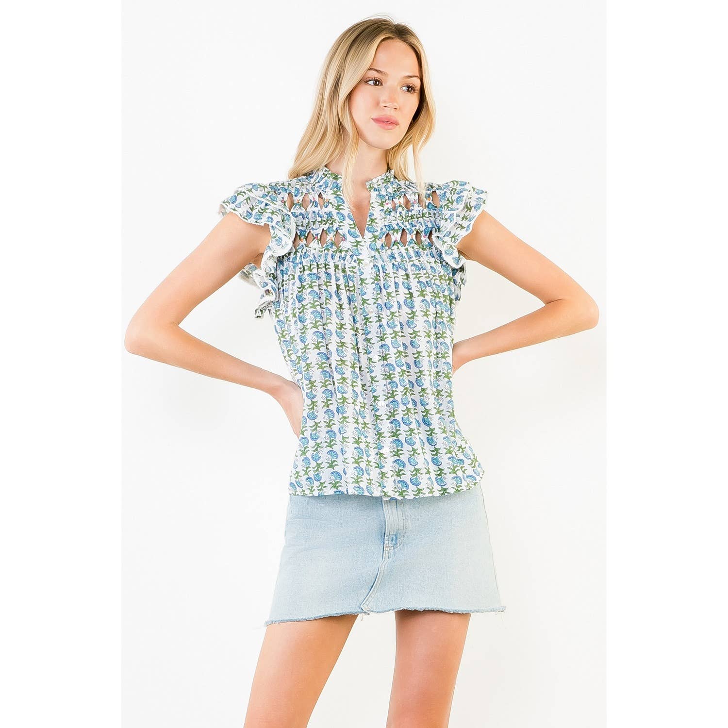 Flutter Sleeve Floral Pattern V-Neck Top - 606River