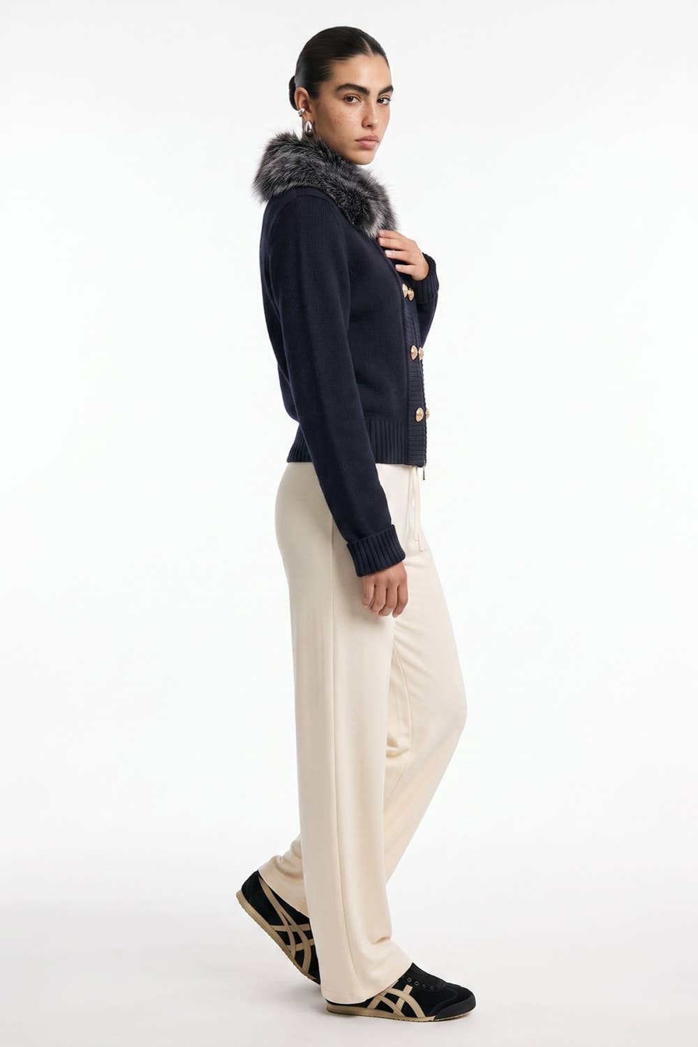 Faux Fur Collar Navy Knit Sweater Jacket