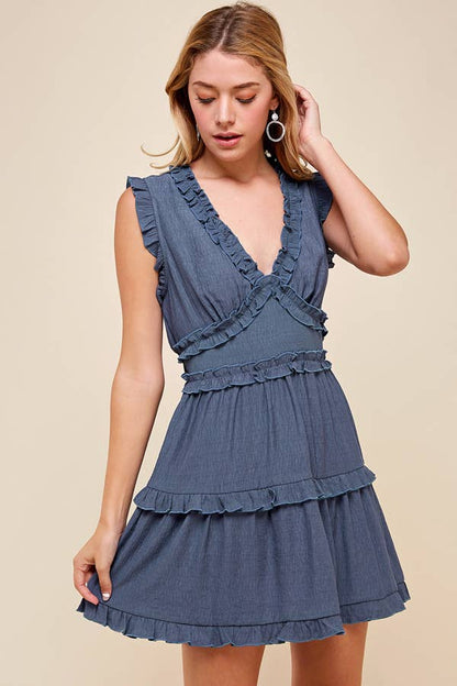 SLEEVELESS V NECK RUFFLE DETAIL DRESS - 3087D