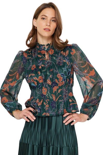 Dark Green Sheer Floral Chiffon Blouse
