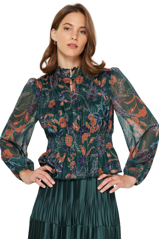 Dark Green Sheer Floral Chiffon Blouse