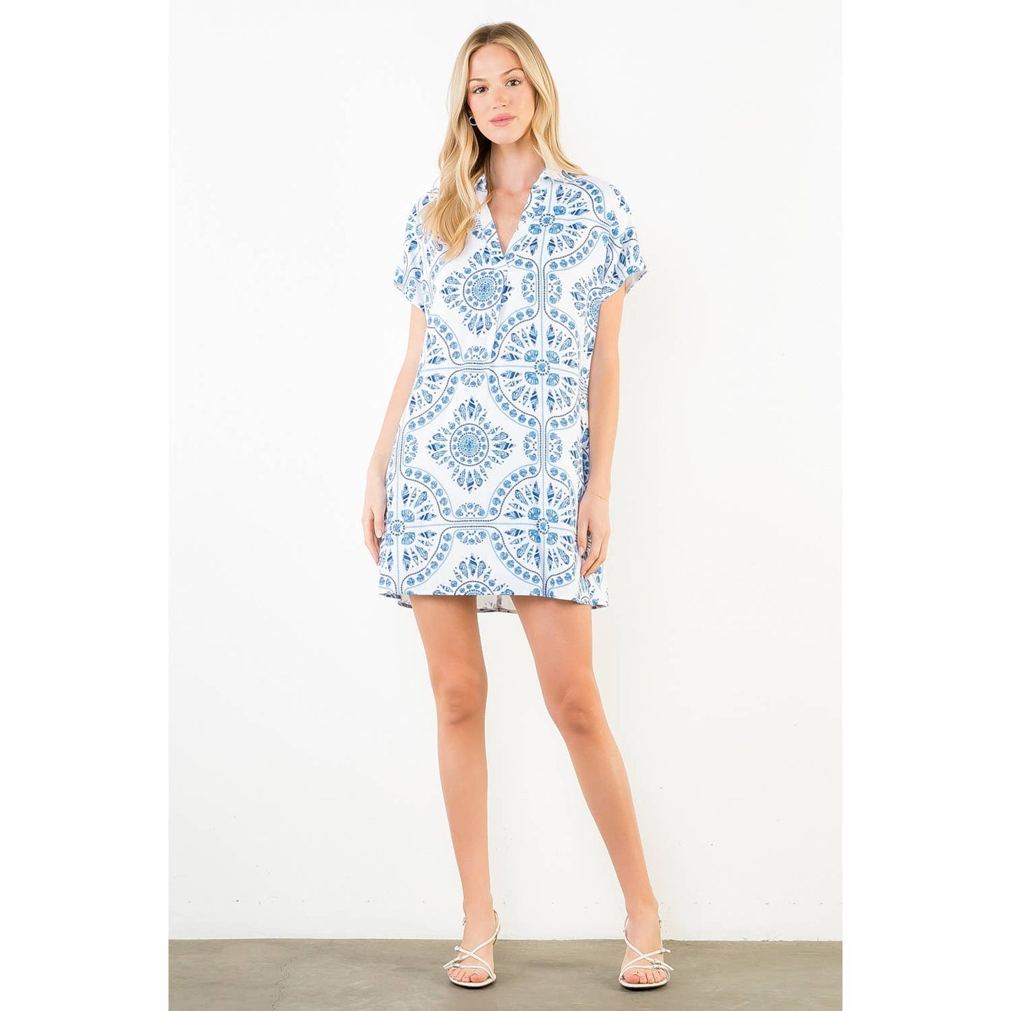 Short Sleeve Pattern Detail V-Neck Dress - 606River