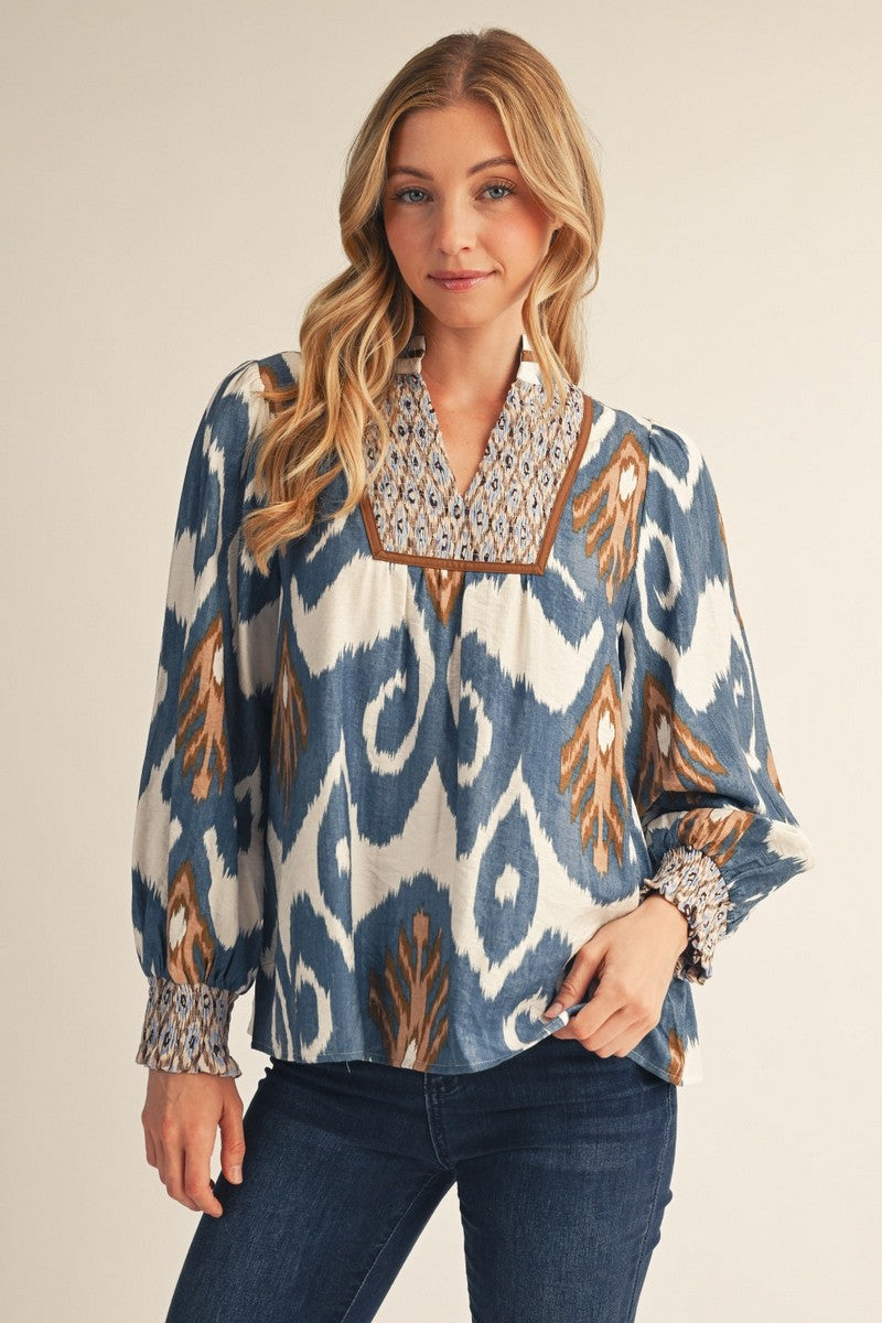 DENIM PRINT V-NECK TOP