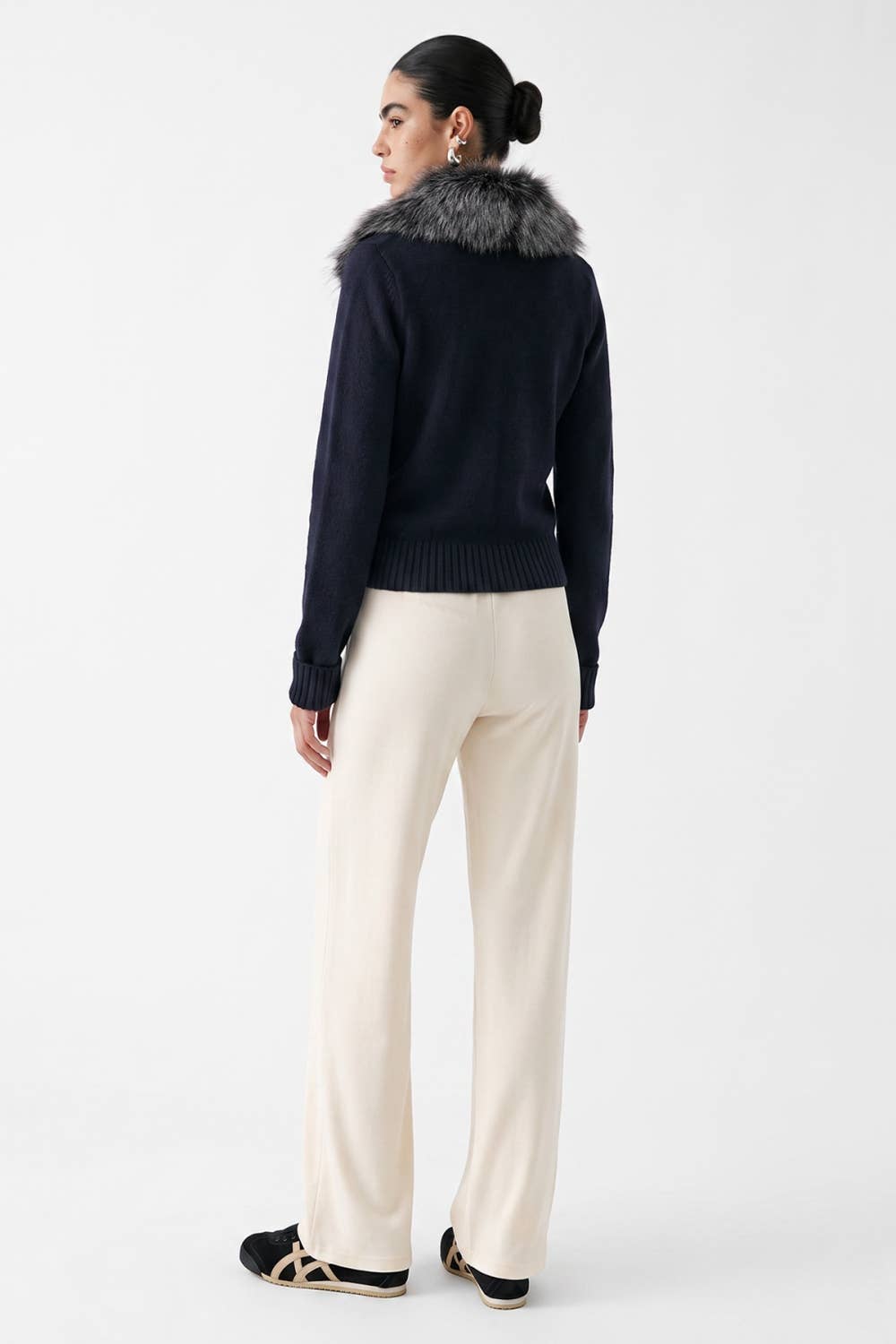 Faux Fur Collar Navy Knit Sweater Jacket