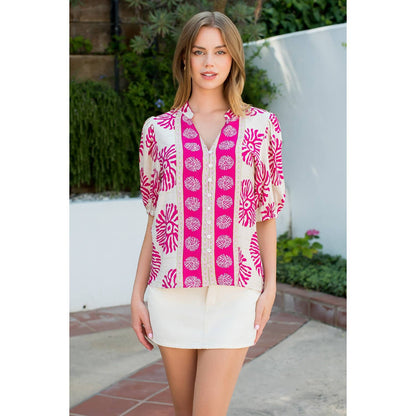 Puff Sleeve Button Front Abstract Print Top - 606River
