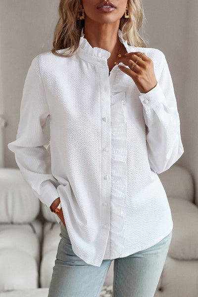 Spring Ruffle Trim Button Up Shirt