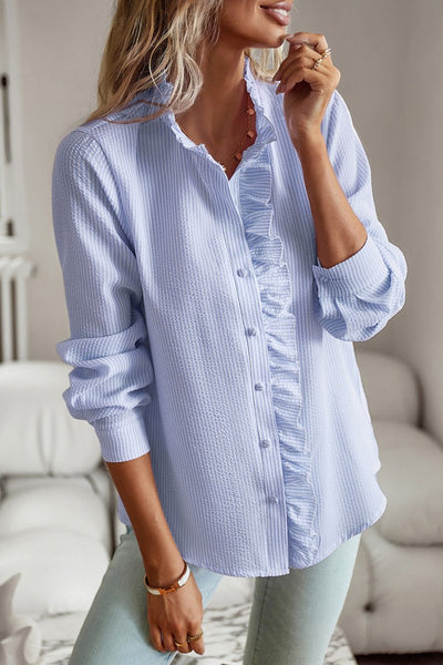 Spring Ruffle Trim Button Up Shirt