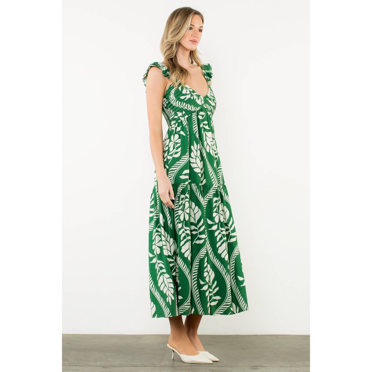 Flutter Sleeve Leaf Print Maxi Dress - 606River