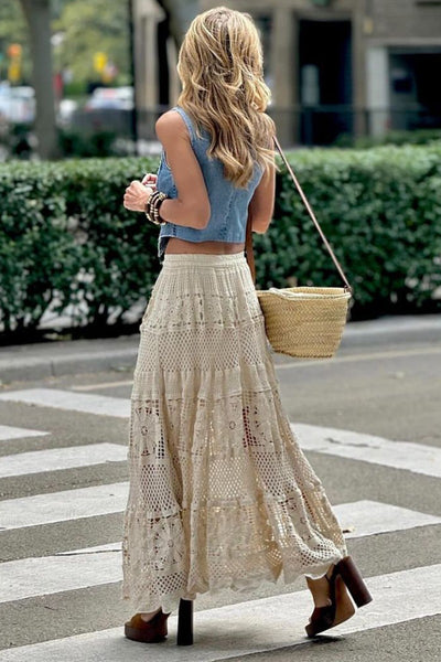 Natural Lace Cut Out Boho Style Pull On Skirt