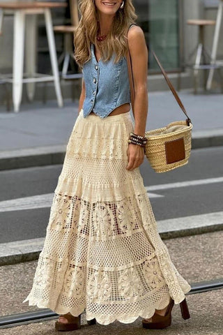 Natural Lace Cut Out Boho Style Pull On Skirt