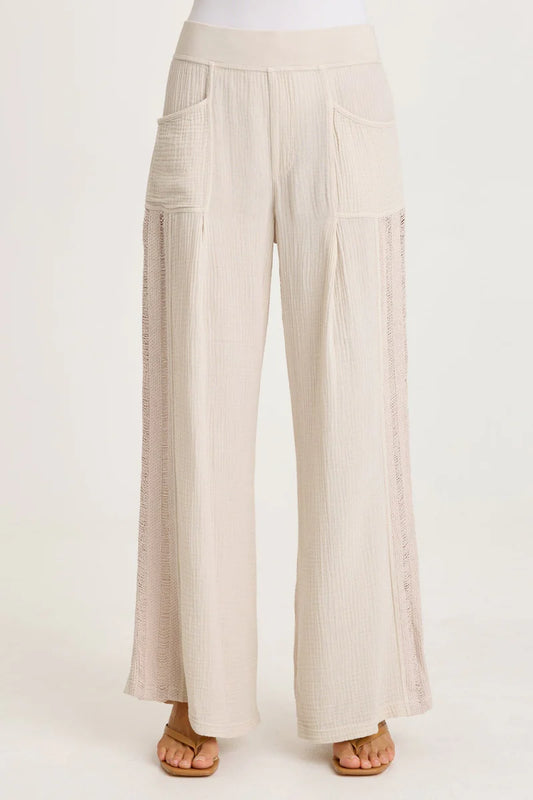 Elu Lace Trim Wide Leg Gauze Pant in Beige