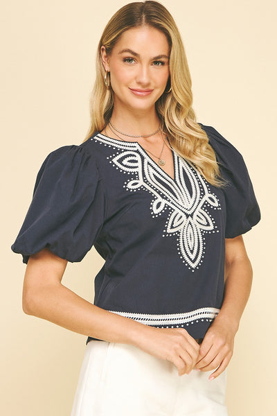 Navy White Embroidery Nautical Classic Top