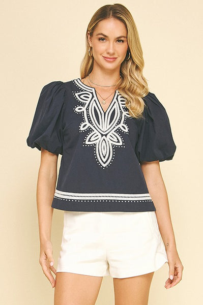 Navy White Embroidery Nautical Classic Top