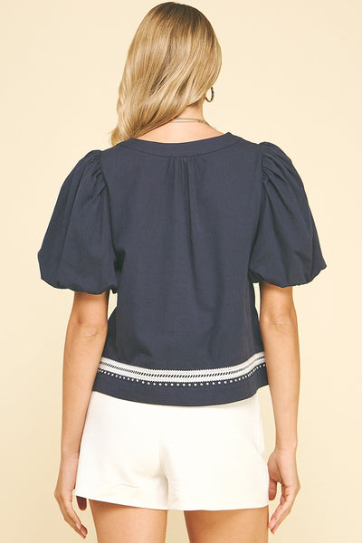 Navy White Embroidery Nautical Classic Top
