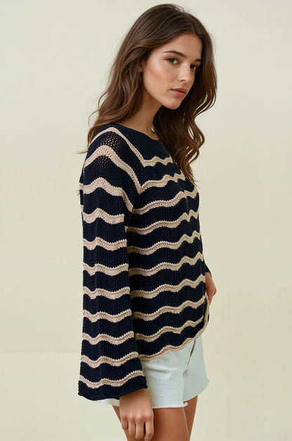 Black Tan Striped Sweater Top