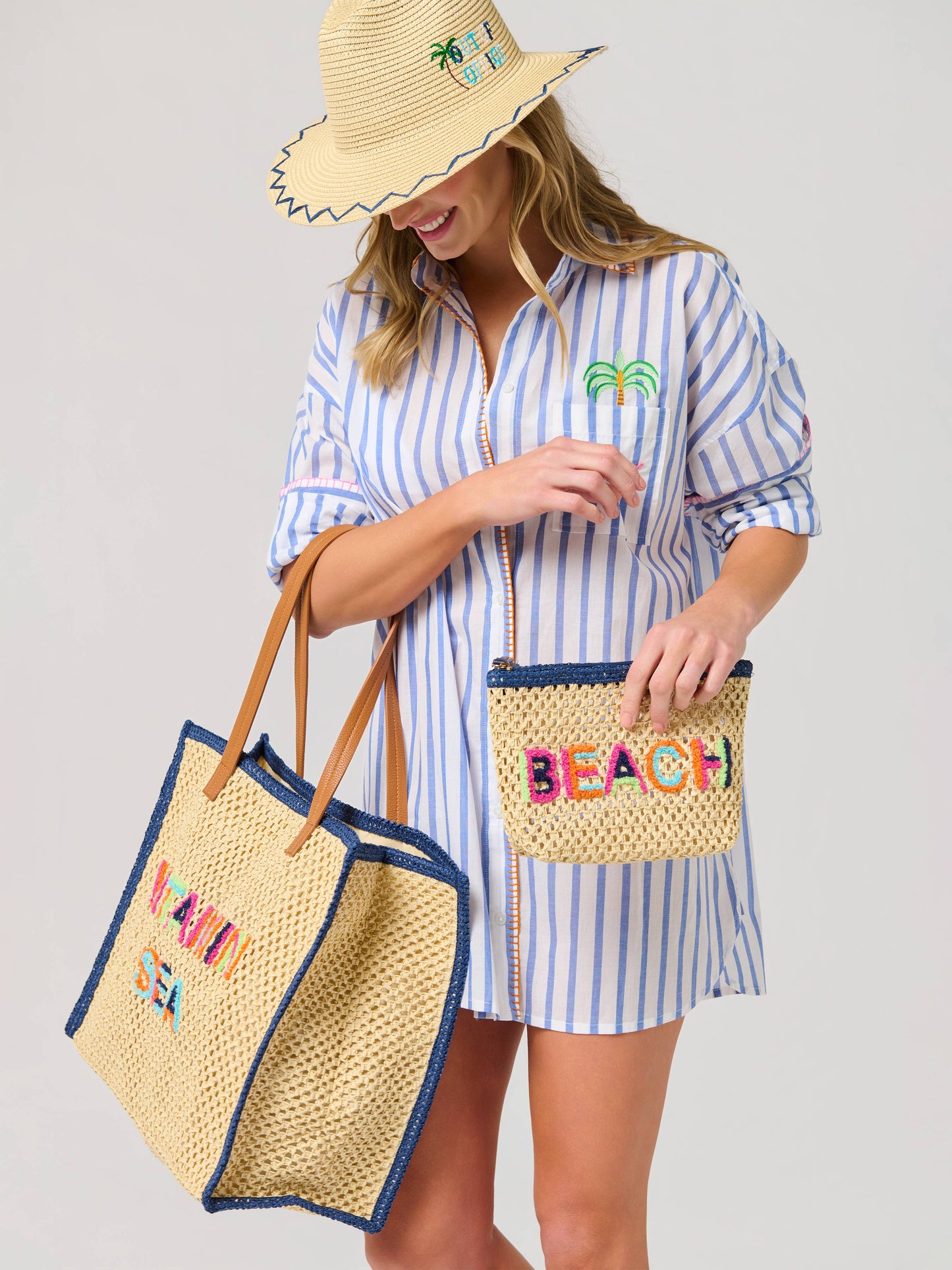 "BEACH" STRAW ZIP POUCH,NATURAL - 606River