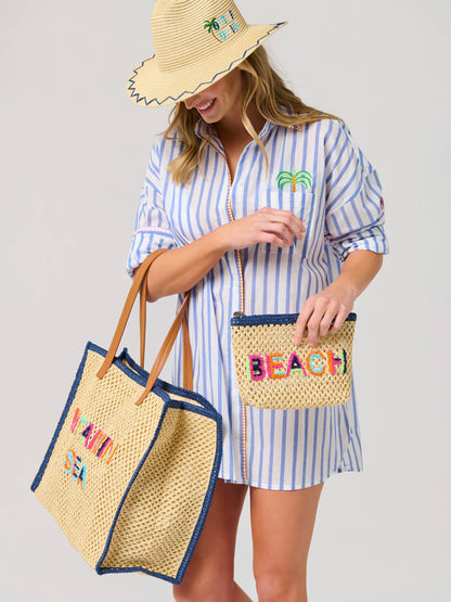 "BEACH" STRAW ZIP POUCH,NATURAL - 606River