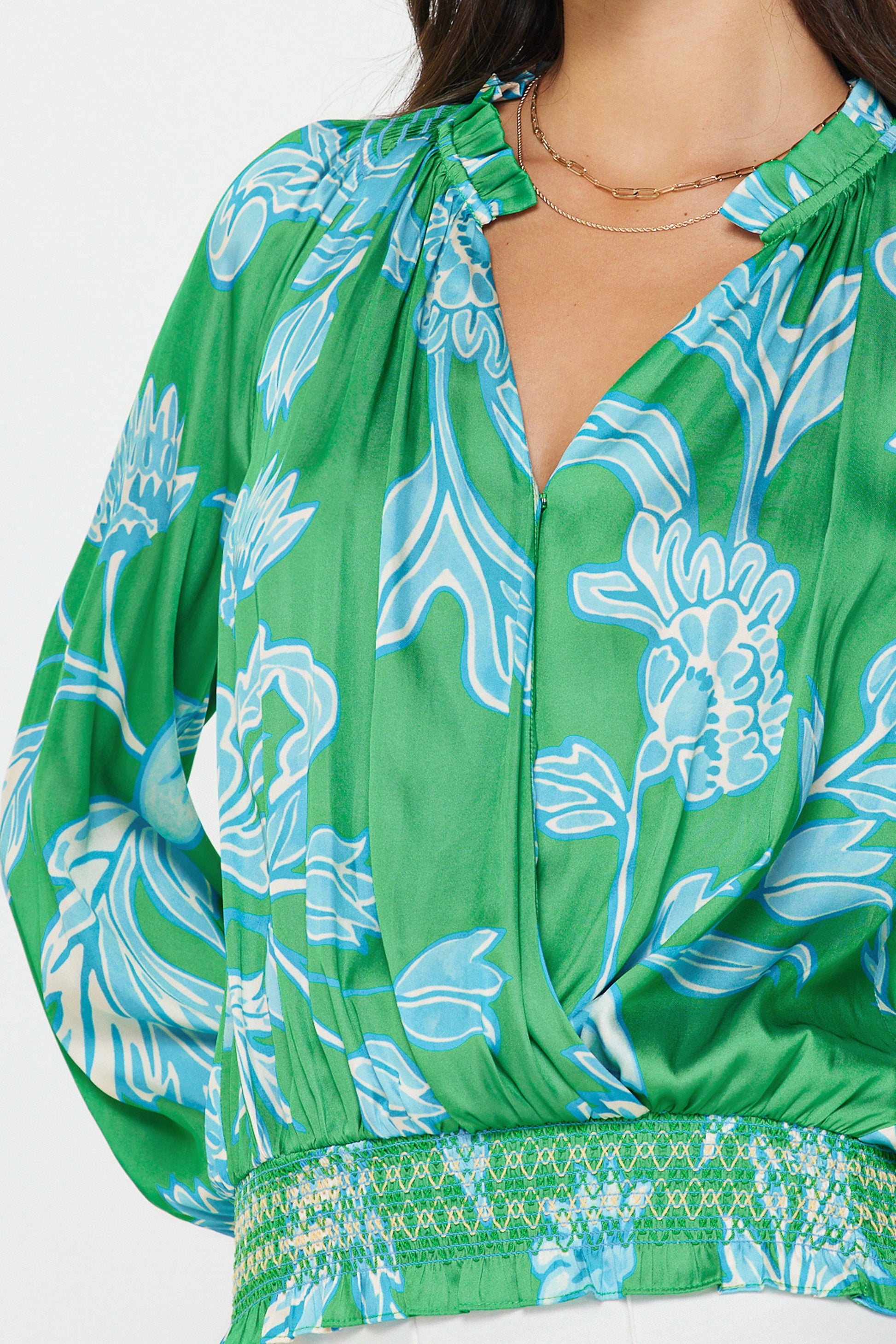 Green Blue Floral V-Neck Top - 606River