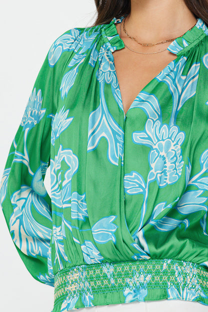 Green Blue Floral V-Neck Top - 606River