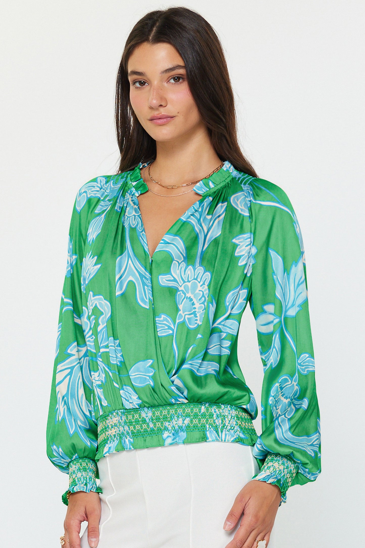 Green Blue Floral V-Neck Top - 606River