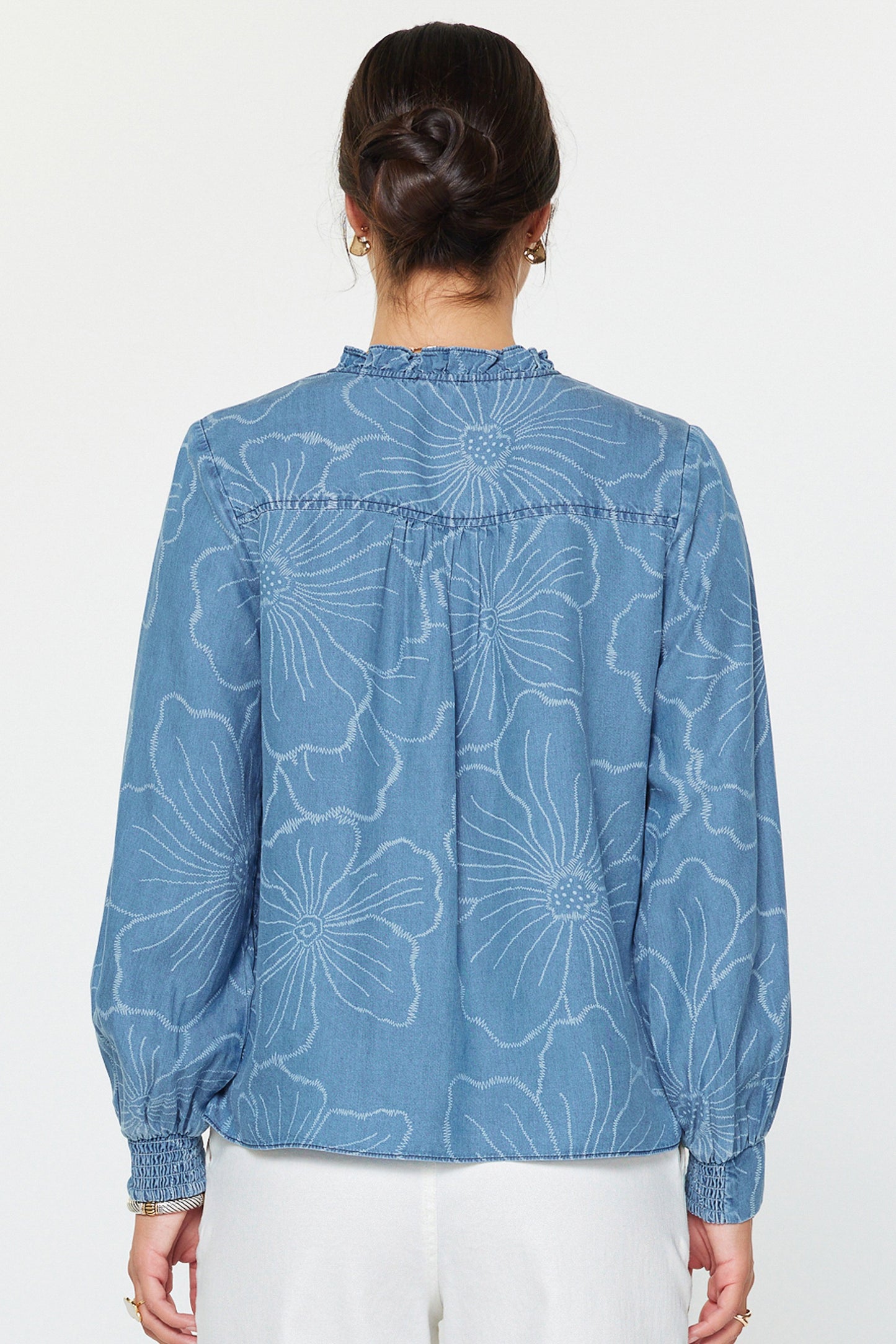 Floral Denim Chambray Long Sleeve Top