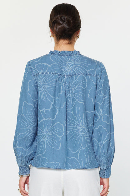 Floral Denim Chambray Long Sleeve Top