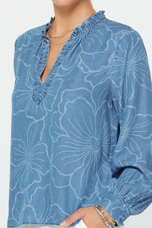 Floral Denim Chambray Long Sleeve Top