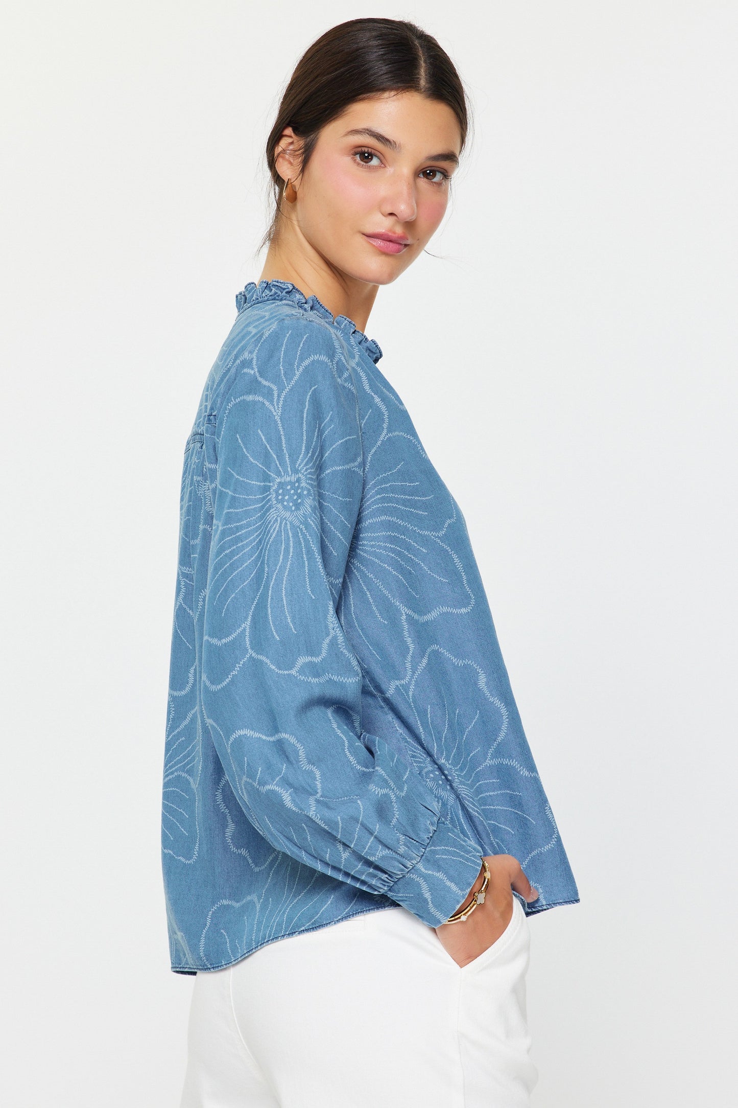 Floral Denim Chambray Long Sleeve Top