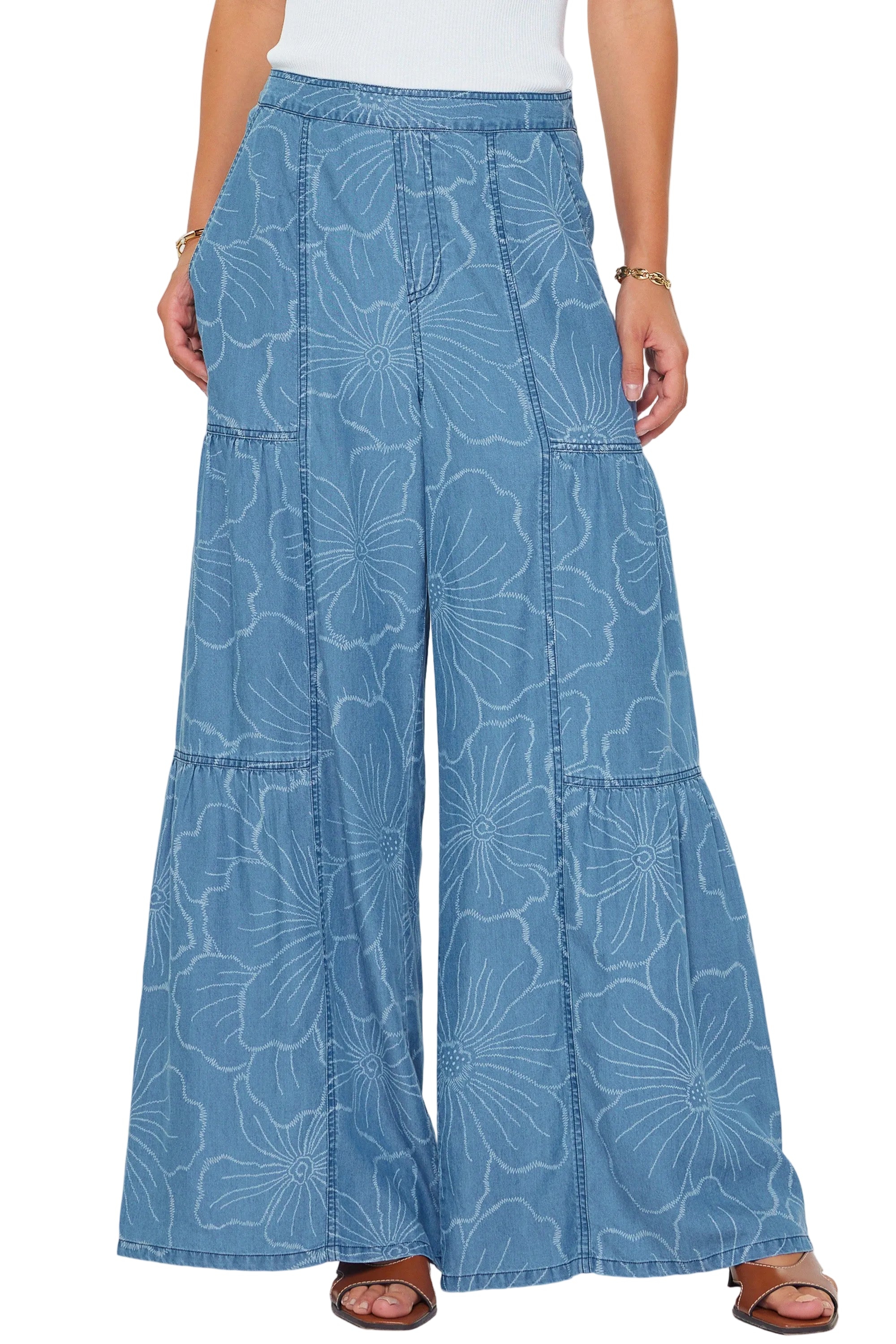 Floral Denim Chambray Pull On Pant - 606River