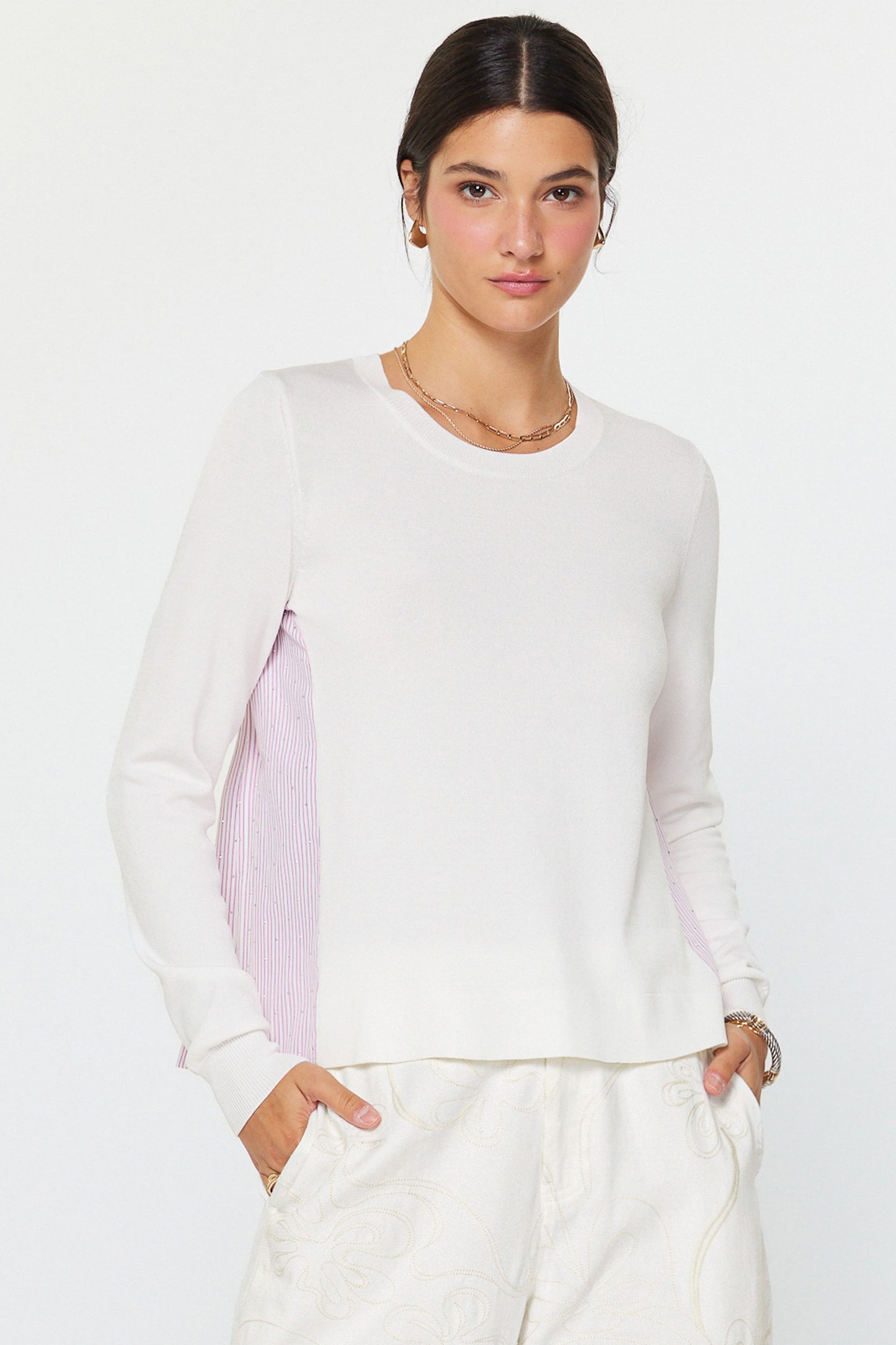 White Knit Front Striped Woven Back Top