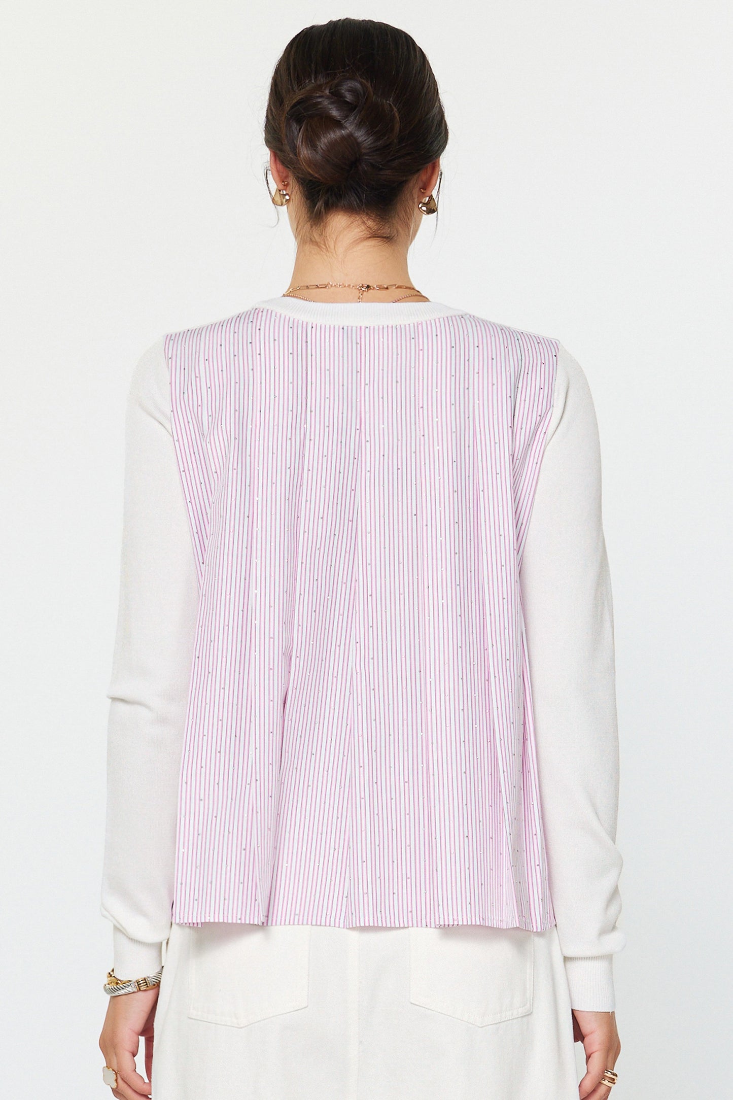 White Knit Front Striped Woven Back Top