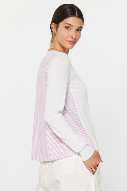 White Knit Front Striped Woven Back Top