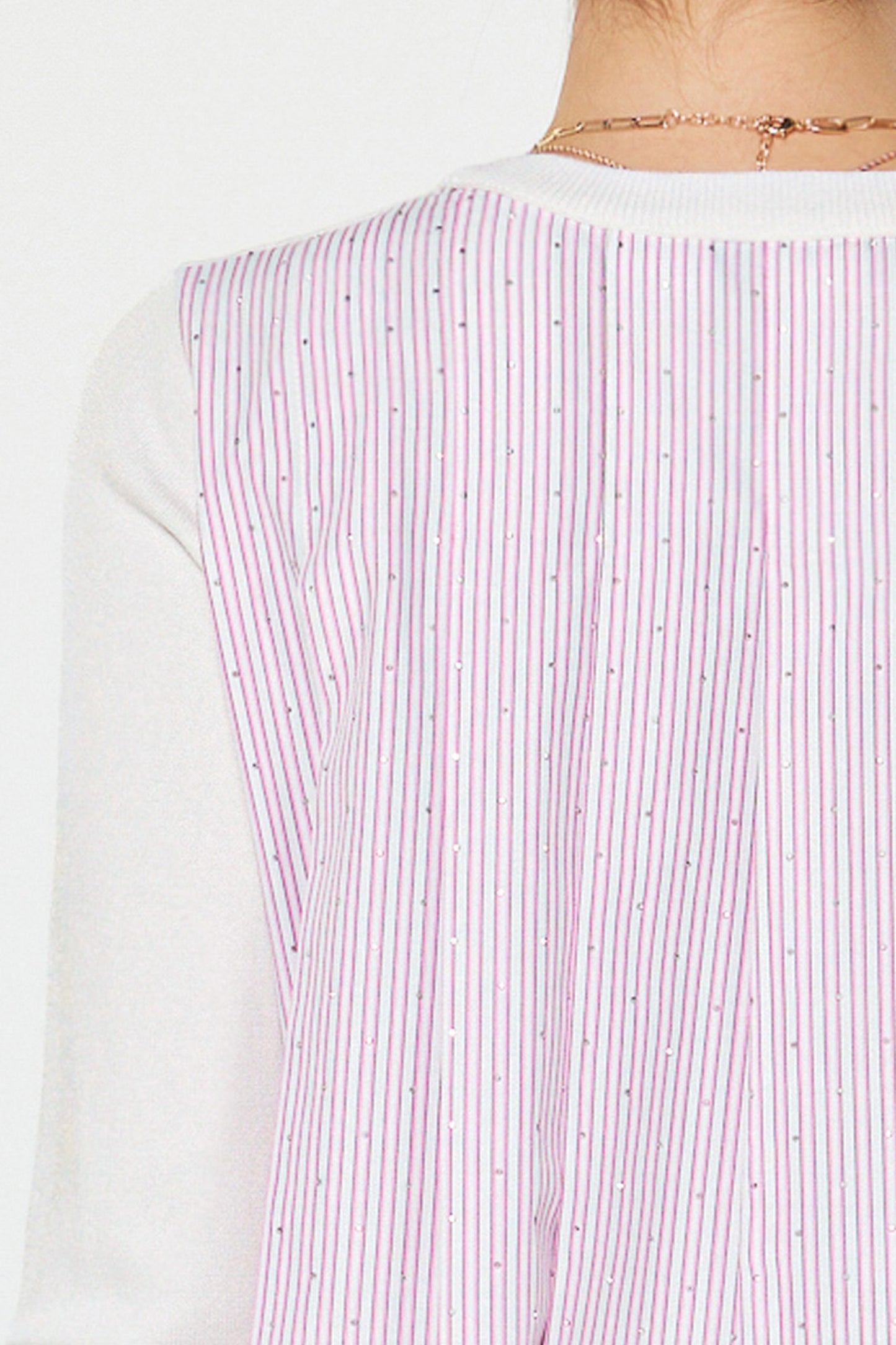 White Knit Front Striped Woven Back Top