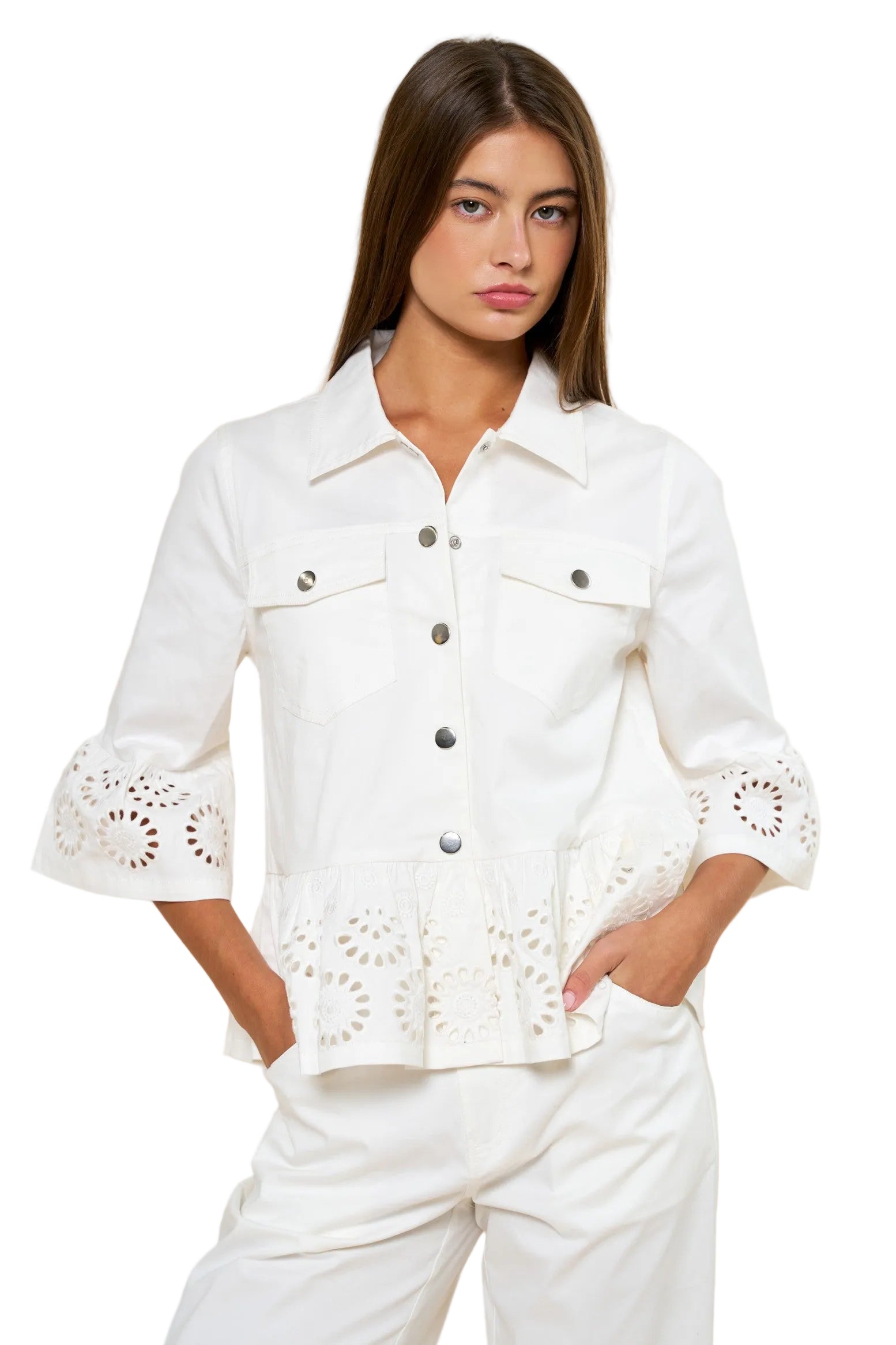 Embroidery Peplum White Jacket Top - 606River